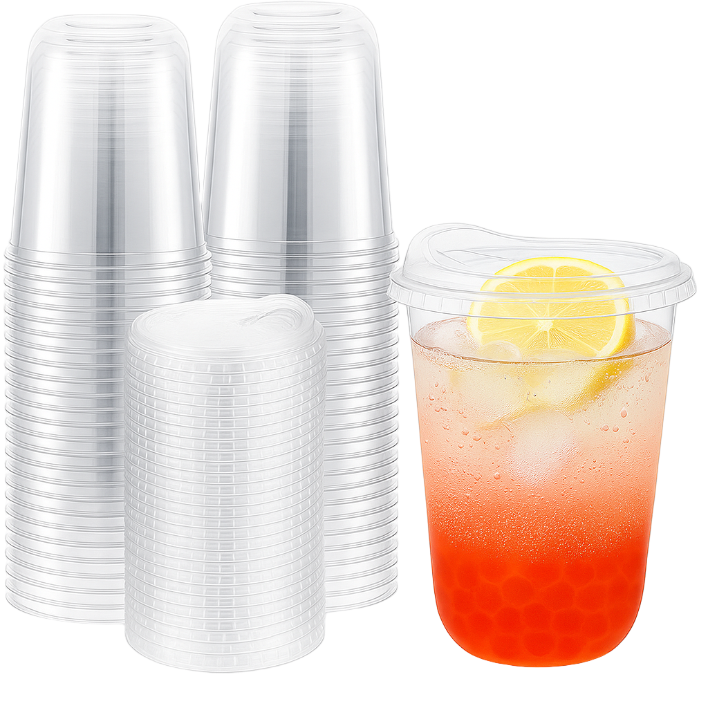 Stack of clear plastic cups with a filled cup containing a red beverage and lemon slice on a white background.
