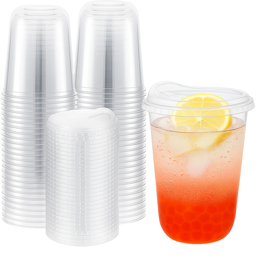 Stack of clear plastic cups with a filled cup containing a red beverage and lemon slice on a white background.