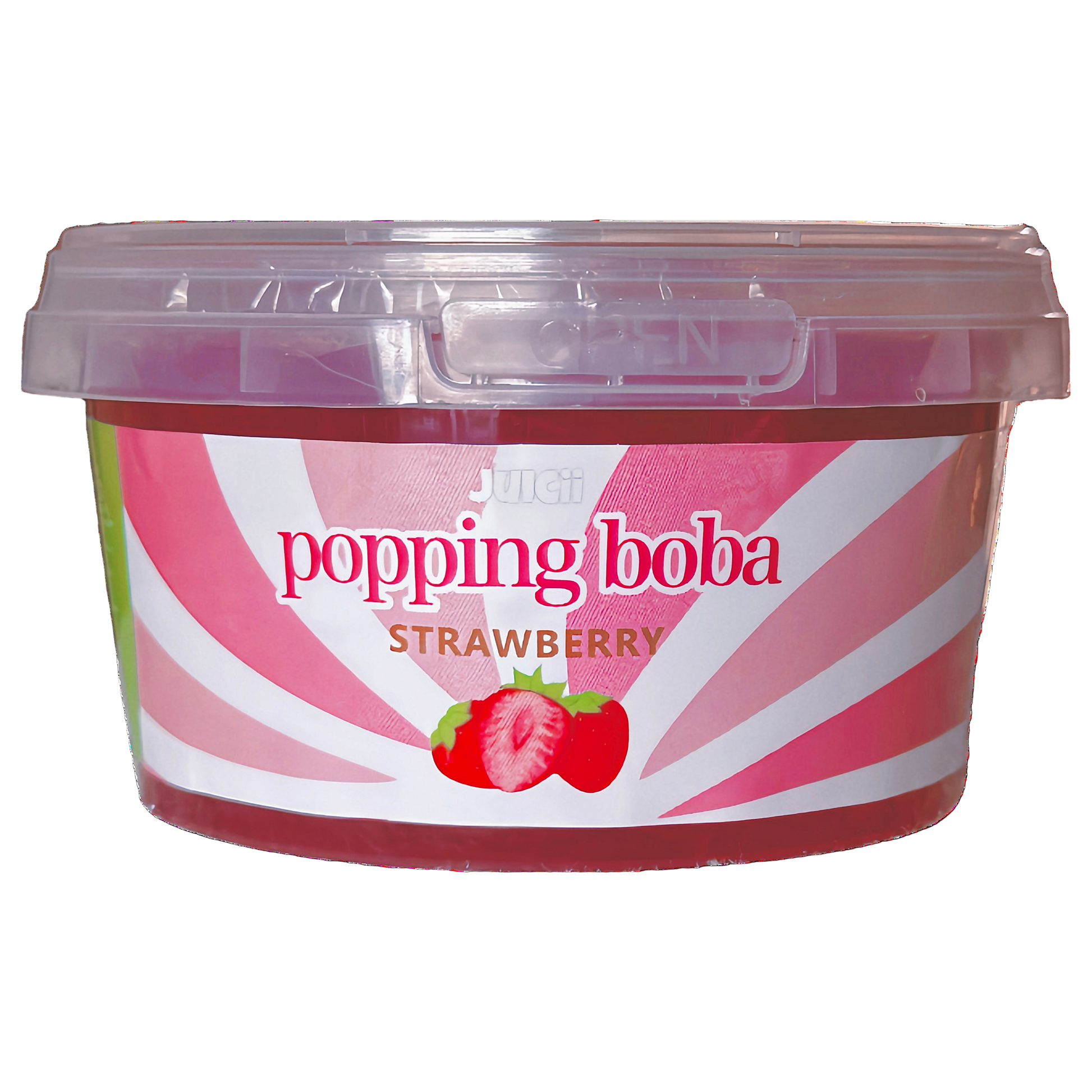 Container of strawberry popping boba with pink and white design on a white background