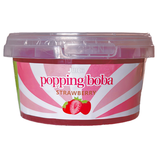 Container of strawberry popping boba with pink and white design on a white background