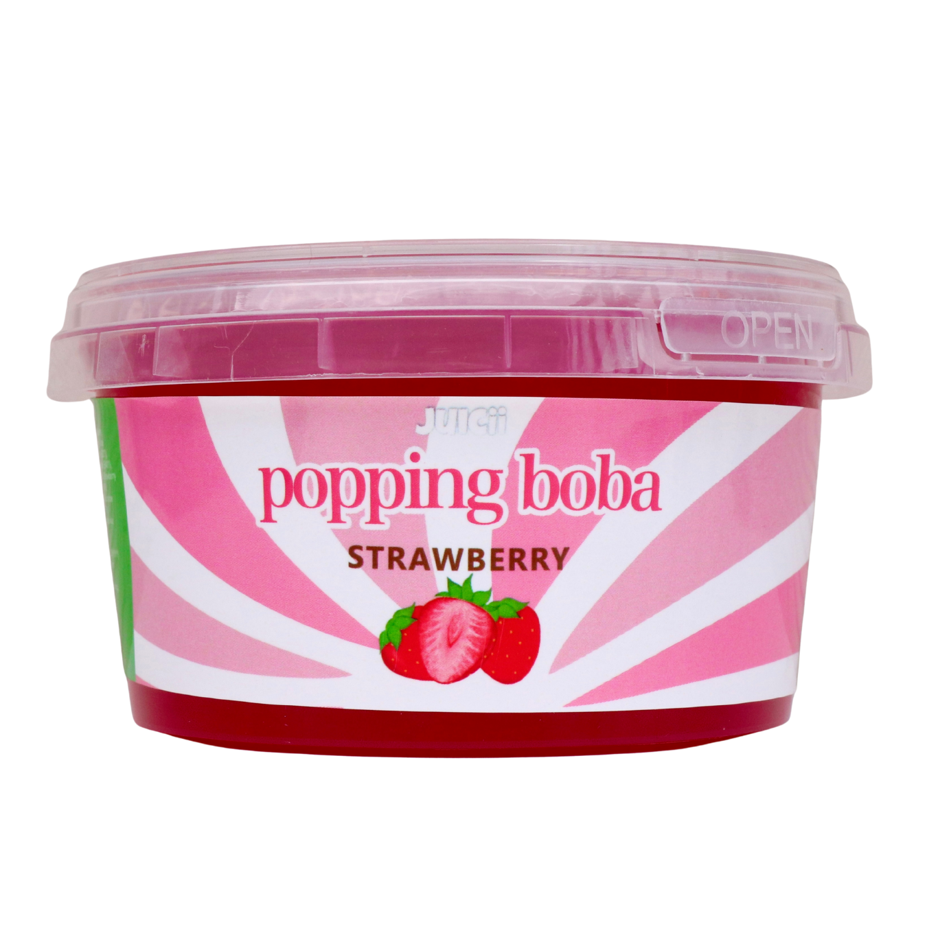 Container of 1lb strawberry-flavored 'popping boba' on a white background
