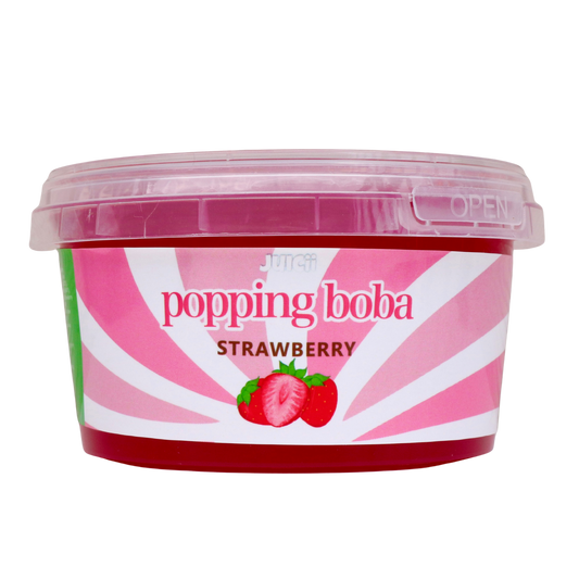 Container of 1lb strawberry-flavored 'popping boba' on a white background