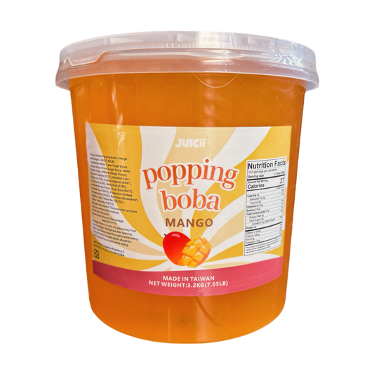 Container of 'mango popping boba' mango flavor on a white background

Details