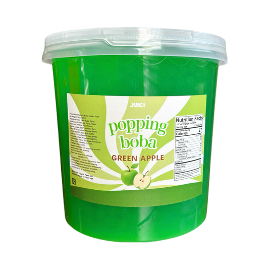 Green container of 'Popping Boba' green apple flavor on a white background