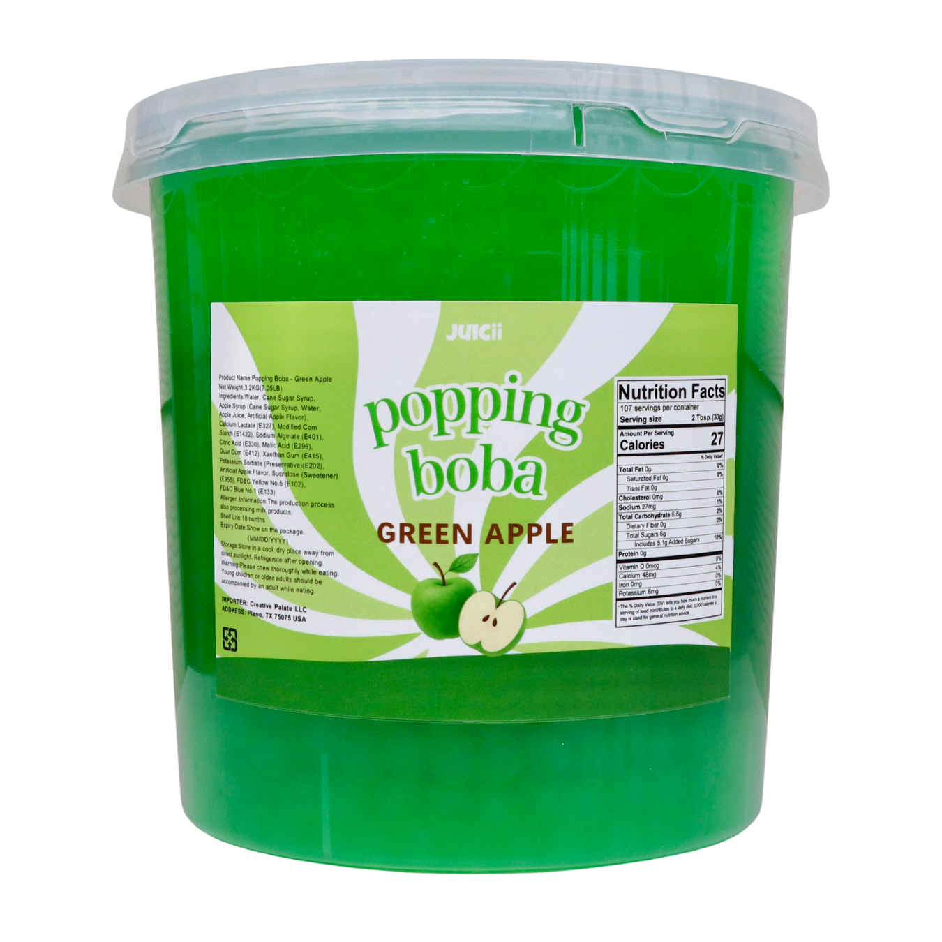 Green bucket of 'popping boba' green apple flavor on a white background