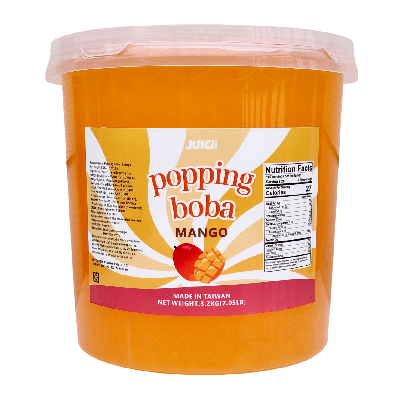 Orange container of 'popping boba' mango flavor with a label on a white background