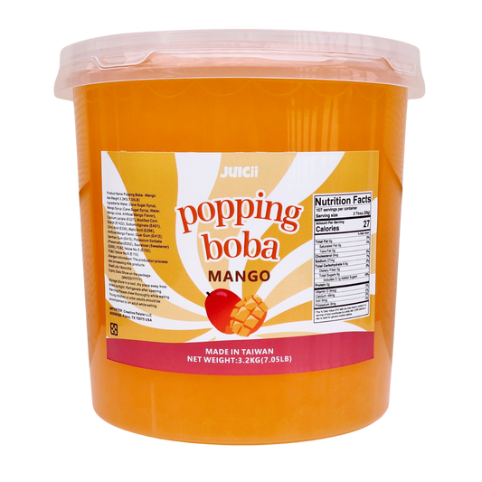 Orange container of 'popping boba' mango flavor with a label on a white background