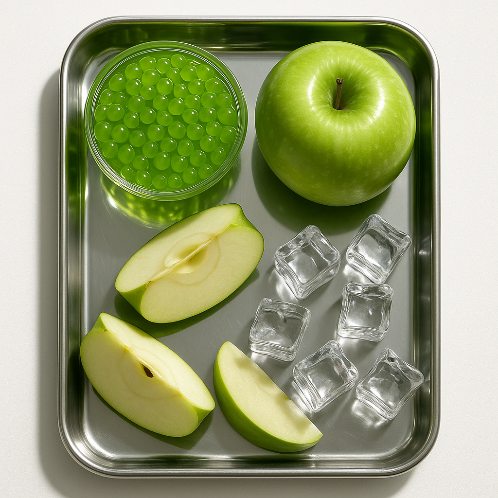 Green apple, apple slices, Green apple popping boba, and ice cubes on a metal tray.