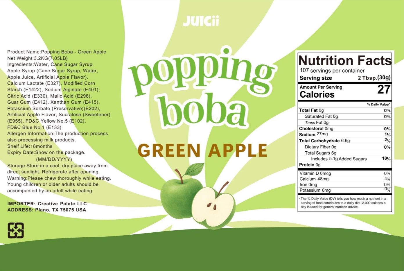 JUICII green apple popping boba label