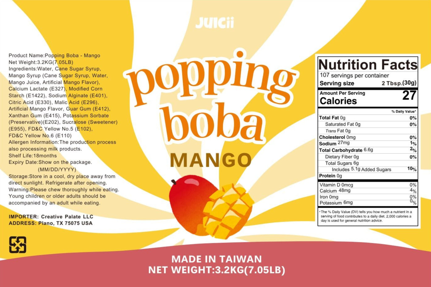 JUICII mango popping boba label