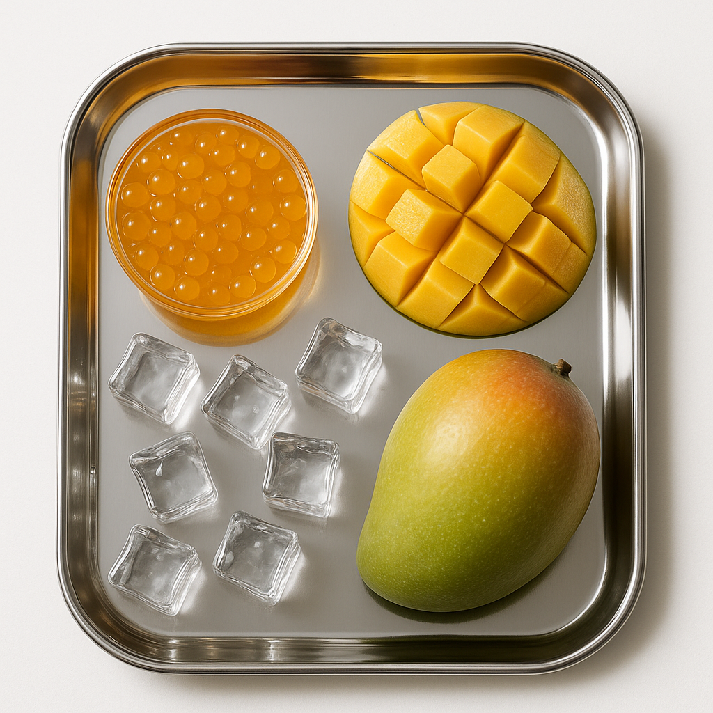 Mangoes, ice cubes, and a container of mango popping boba on a metal tray.