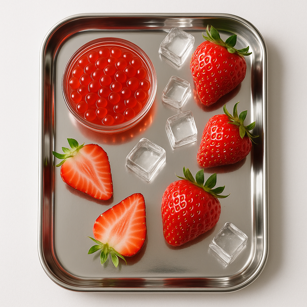 Strawberries and a strawberry popping boba on a metal tray with ice cubes.